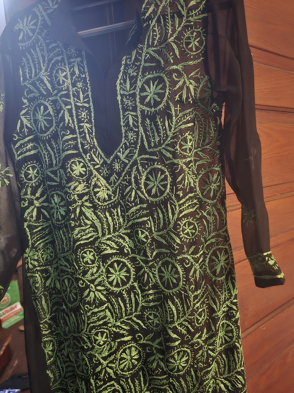 Sheer Black Top with Green Embroidered Pattern